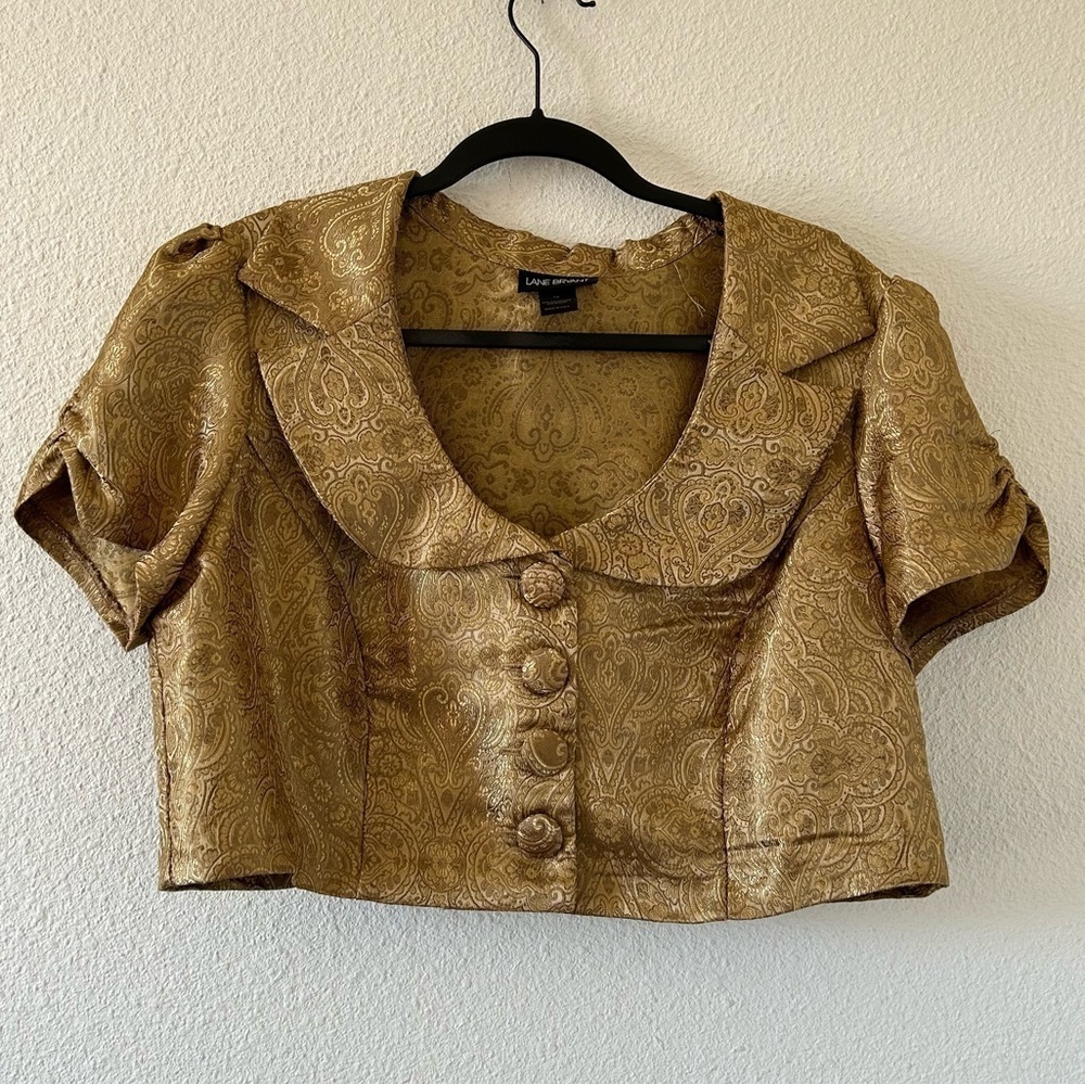 LANE BRYANT Women’s Cropped Button Up 16 Gold Paisley Print Puff Sleeves Buttons